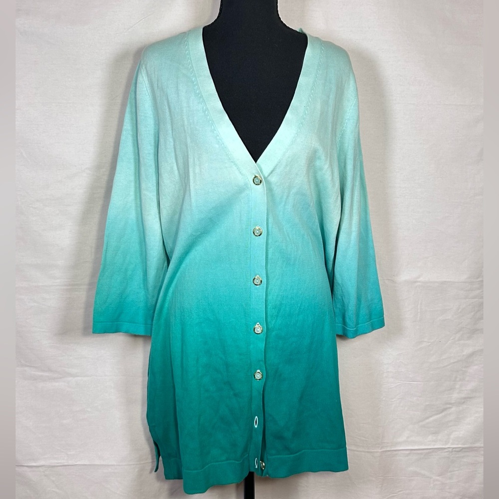 Y2K Coastal Ombre Cardigan Isaac Mizrahi Aqua Gradient Knit Sweater
